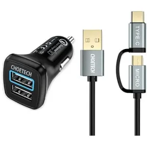 Set ChoeTech 2x QC3.0 USB-A Car Charger Black + 2 in 1 USB to Micro USB + Type-C (USB-C) Cable 1.2m #1465491