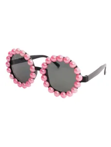 Kostümzubehör Brille rund mit Perlenrahmen pink