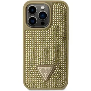 Guess Rhinestones Triangle Metal Logo Cover für iPhone 15 Pro gold