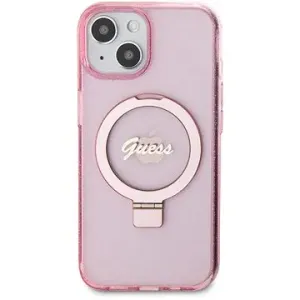 Guess IML Ring Stand Glitter MagSafe Back Cover für iPhone 15 Pink
