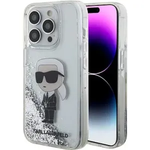 Karl Lagerfeld Liquid Glitter Karl and Choupette Head Back Cover für iPhone 15 Pro Silber