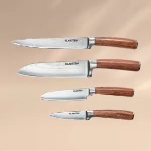 Klarstein Kaito Damaszener Messerset 4-teilig extra scharf Griffe aus Rosenholz