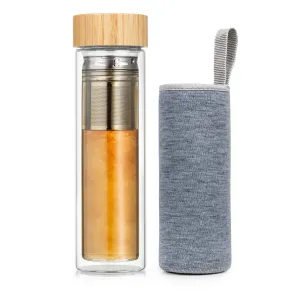 Klarstein Teeflasche mit Deckel und Sieb 500 ml doppelwandiges Glas Bambus  Hülle