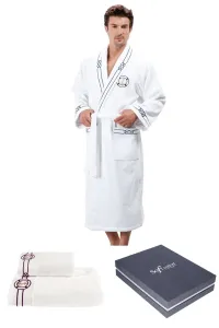 Herrenbademantel MARINE MAN in einer Geschenkverpackung + Handtuch + Badetuch Weiß / White L + Handtuch + Badetuch + Box,Herrenbademantel MARINE MAN i
