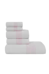 Geschenkset Hand- und Badetücher AQUA, 5 St. Set (2 St. 33x33cm, 2 St. Handtuch 45x90cm, Badetuch 75x150cm) Weiß-Stickerei in Pink / Pink embroidery,G