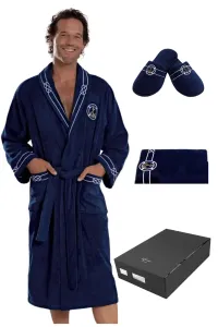 Herrenbademantel MARINE MAN in einer Geschenkverpackung + Handtuch + Schlappen Dunkelblau / Navy L + Schlappen (42/44) + Handtuch + Box,Herrenbademant