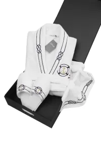 Herrenbademantel MARINE MAN in einer Geschenkverpackung + Handtuch + Schlappen M + Schlappen (40/42) + Handtuch + Box Weiß / White