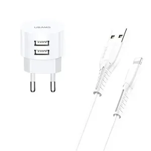 USAMS T20 Dual USB Round Travel Charger + U35 Lightning Cable White